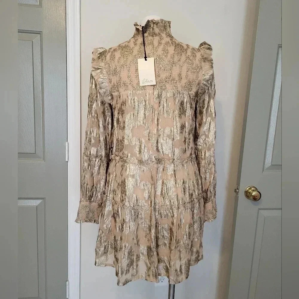 Elan Floral Metallic Mock Neck Smocked Tiered Long Sleeve Mini Dress(M)NWT - Picture 4 of 9